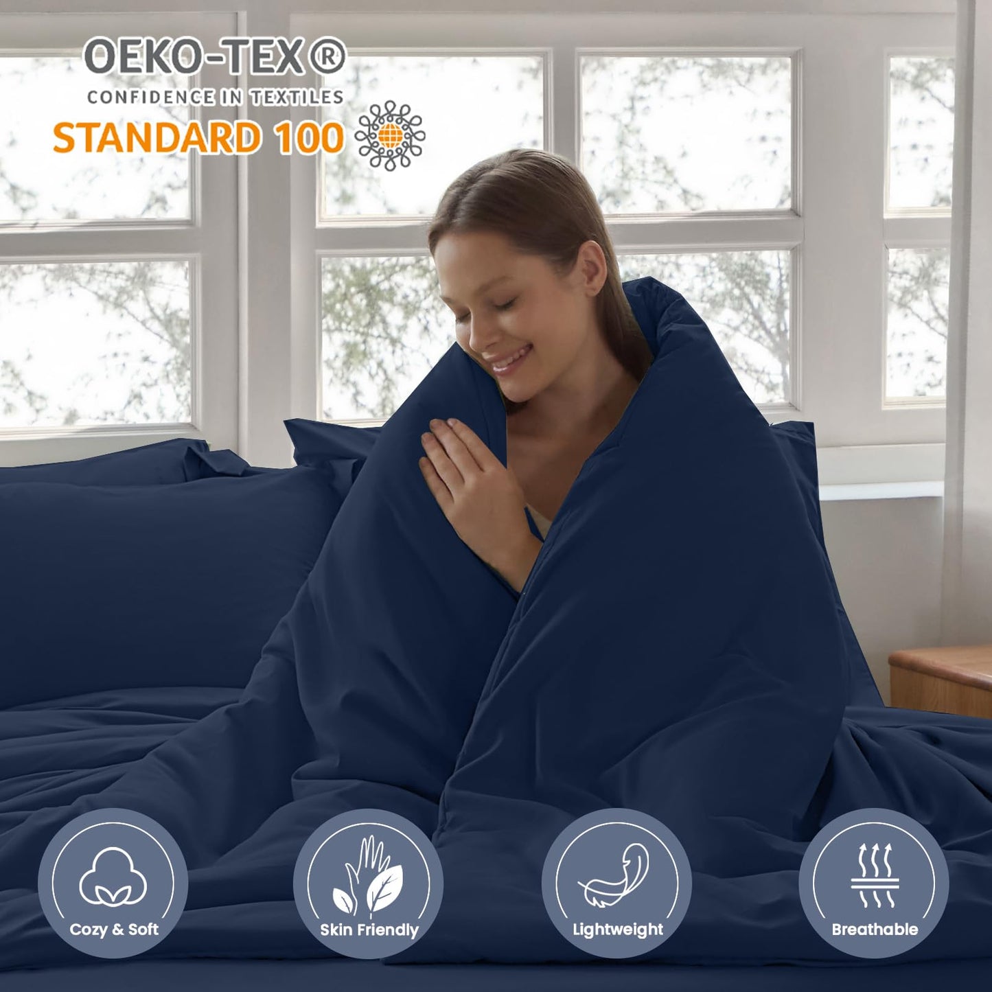 Homelike Moment Queen Comforter Set with Sheets, 7 Piece Navy Comforter Set Queen Size, Full Size Bed in a Bag Lightweight and Machine Washable