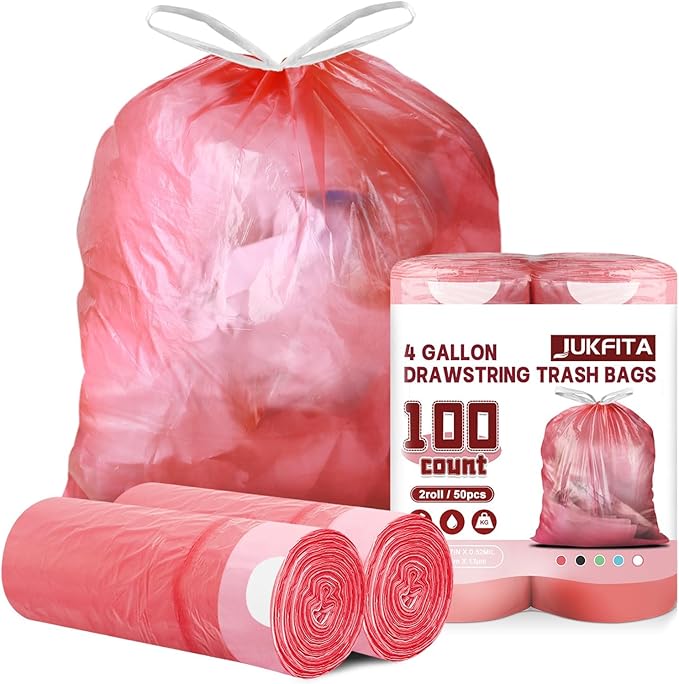 4 Gallon Trash Bags Drawstring 100 Count, JUKFITA Extra Strong Small Garbage