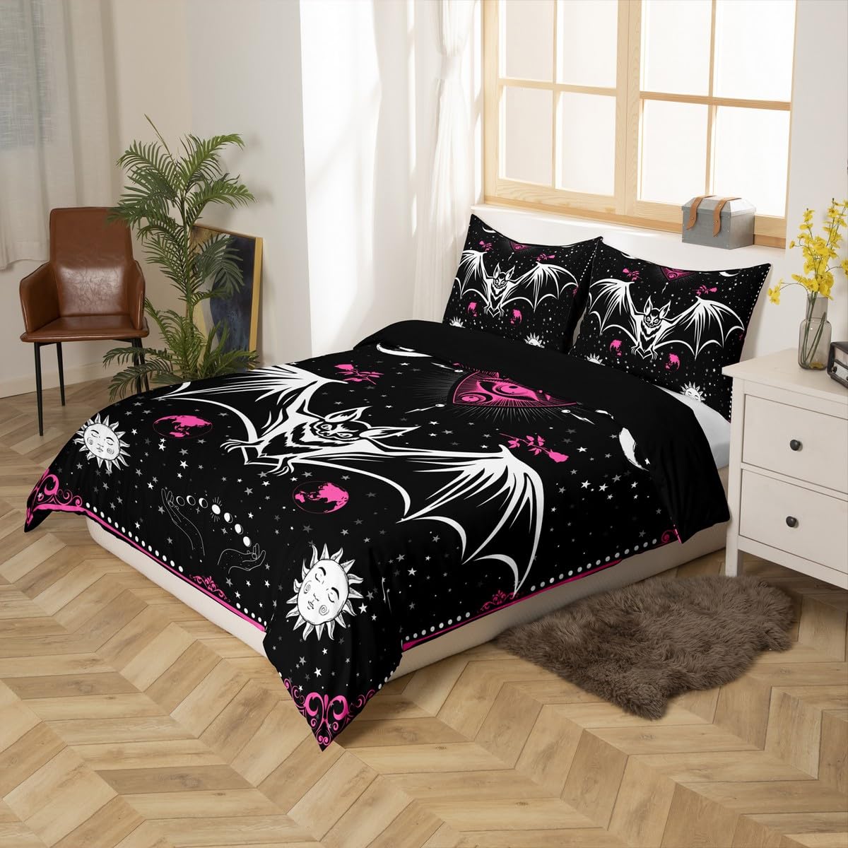 Bat Duvet Cover Set King Size Sun Moon Starry Galaxy Bedding Set Gothic Style Wild Animals Comforter Cover for Kids Boys Girls Teens Bedroom Decor Pink Floral Exotic Black White Quilt Cover 3Pcs
