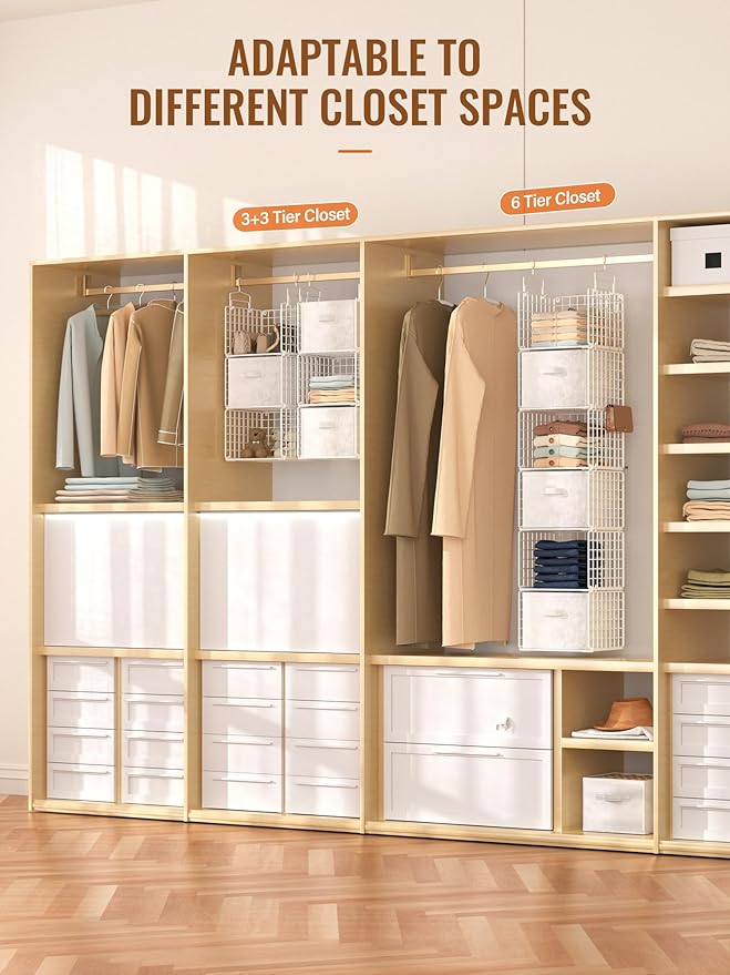 Closet Hanging Organizer with Drawers, 6 Tier Metal Closet Organizers and