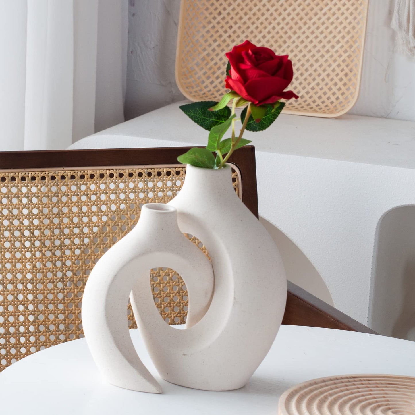 Levvohd Hollow Ceramic Vase Set of 2, Modern Nordic Minimalist Book Style Boho Aesthetic Vases for Home Decor Living Room Shelf Entryway Coffee Centerpiece Table Decorative (Cream White)