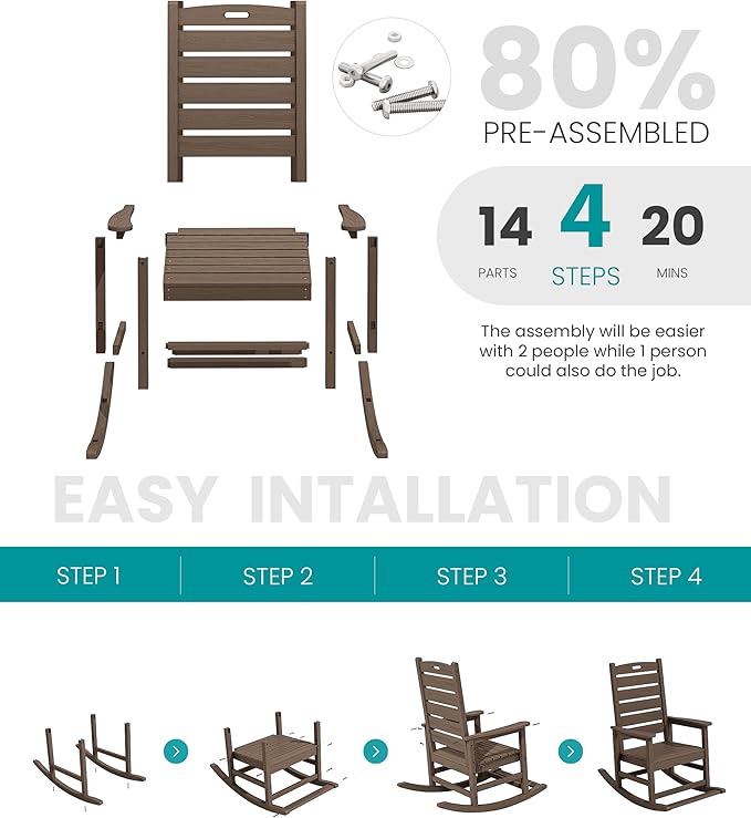 SERWALL Outdoor Rocking Chair Set of 4, Oversized HDPE Patio Rocking Chair with Footrest for Adults, All Weather Porch Rocker for Deck Patio Balcony, Coffee