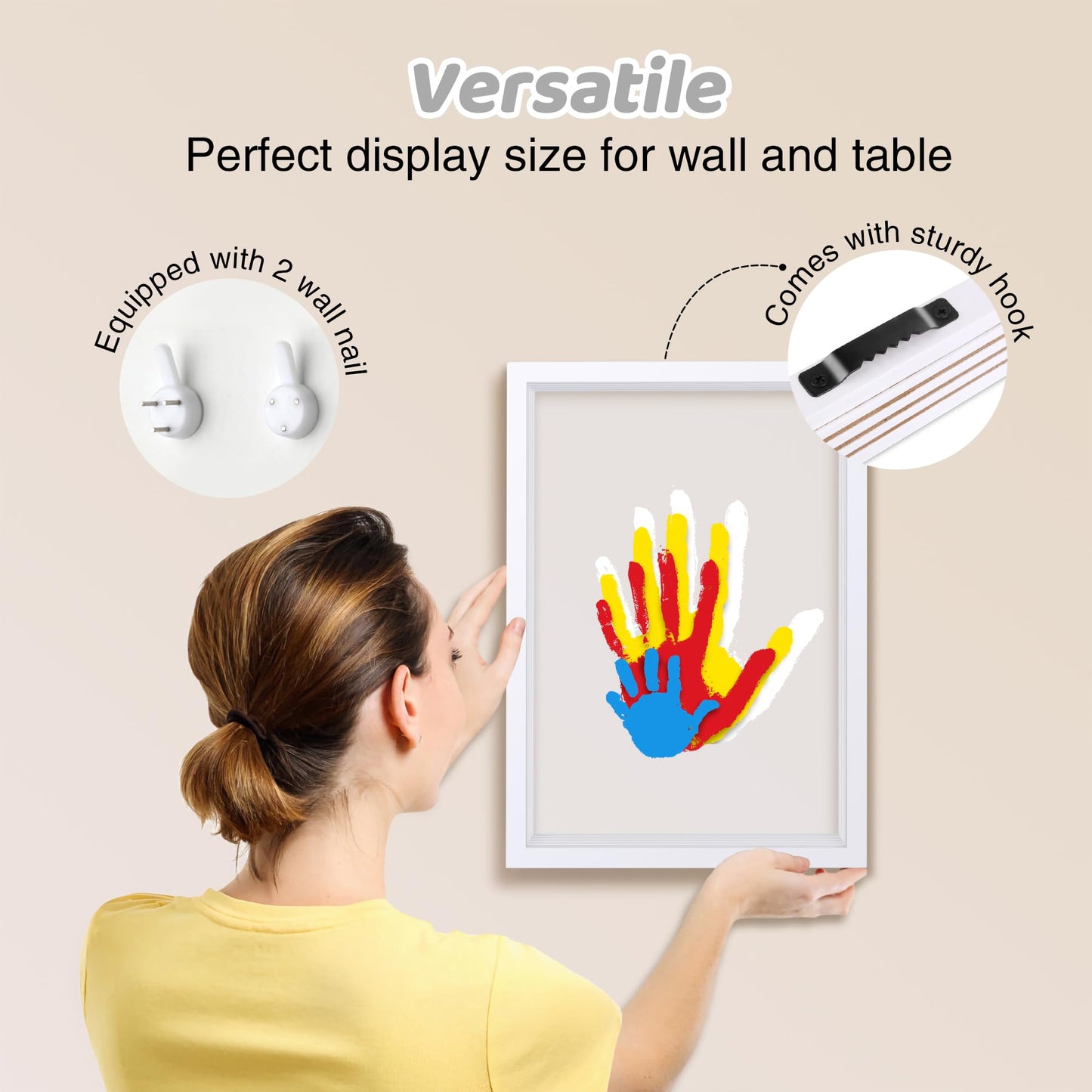 Omrhvi Family Handprint Kit, Hand Prints Keepsake Frame, DIY Craft Gift for New Parents & Mom & Baby, Grandparents, Mother's Day, Father's Day, Adoption Day, Anniversary, 6 Non -Toxic Paints (White)