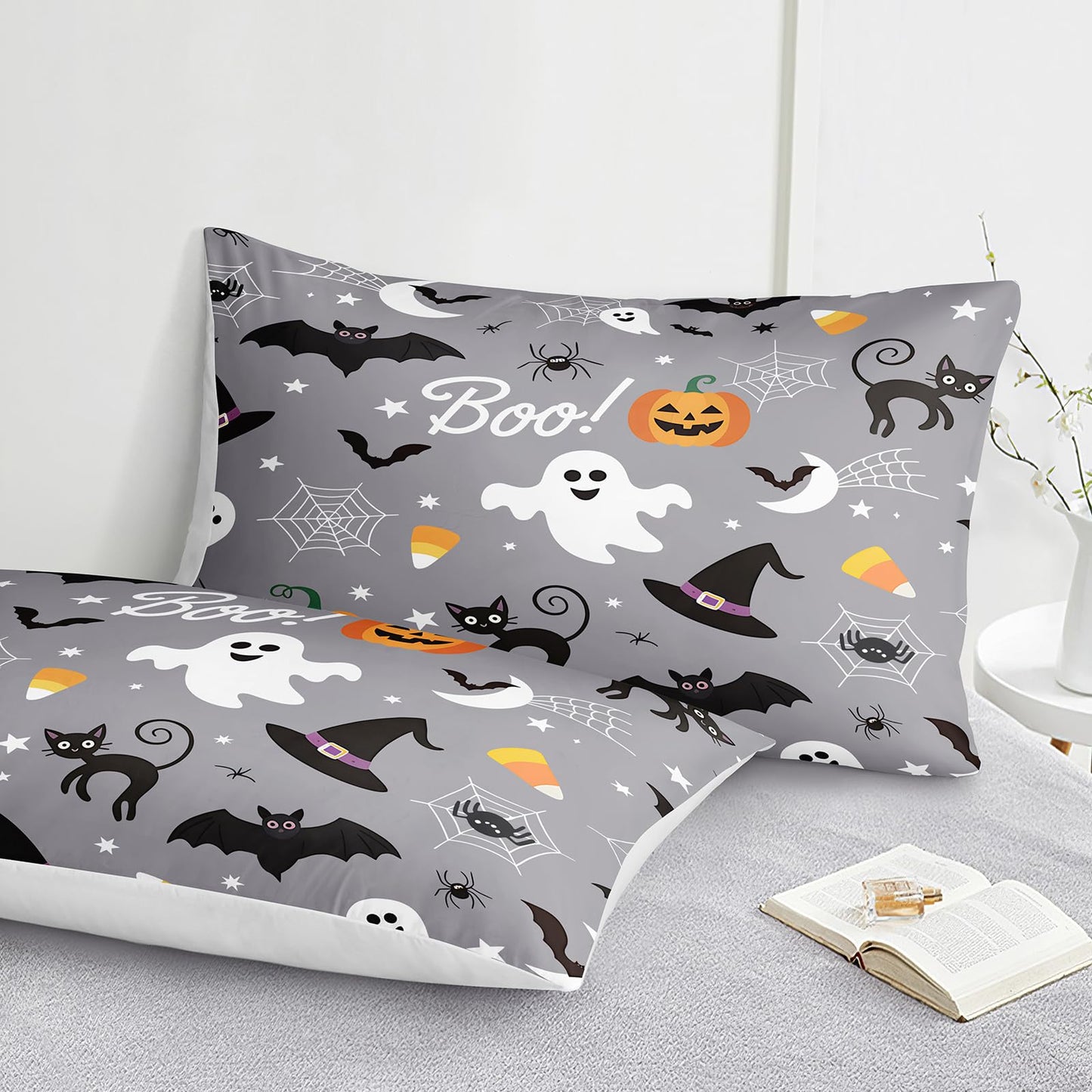 Merryword Halloween Bedding Comforter Set King Size Pumpkin Comforter Cute Pumpkin Ghost Pattern Cartoon Halloween Bedding Sets with 1 Cushion Cover (King, Cartoon)