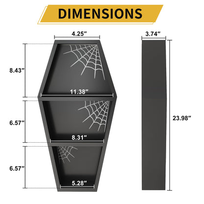 LUPWNEKA 24 in Halloween Goth Coffin Bookshelf with Spider Web, Wooden Gothic Coffin Bookshelf for Home, Black Spooky Curio Shelf for Home Decor, Witchy Room Decor for Oddities