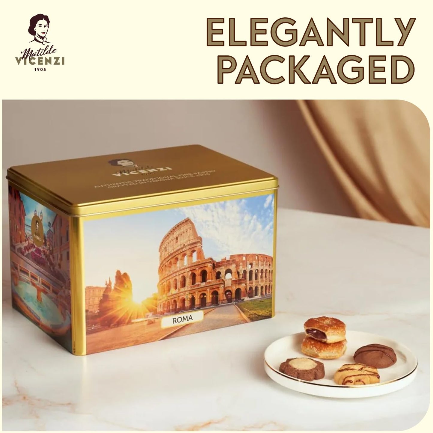Matilde Vicenzi Roma Cookie Gift Tin - Pastries & Cookies in Individually Wrapped Trays - Gourmet Gifts For Mother's Day, Teacher, Birthday - Assorted Cookies in Italian Design Tin 32.5oz (920g)