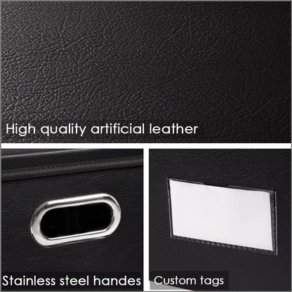 PRANDOM Collapsible Storage Box with Lid [3-Pack] Leather Fabric Foldable Storage Bin Organizer Container Basket Cube with Cover for Home Bedroom Closet Office Nursery Black(22.8X15.7X11.8)