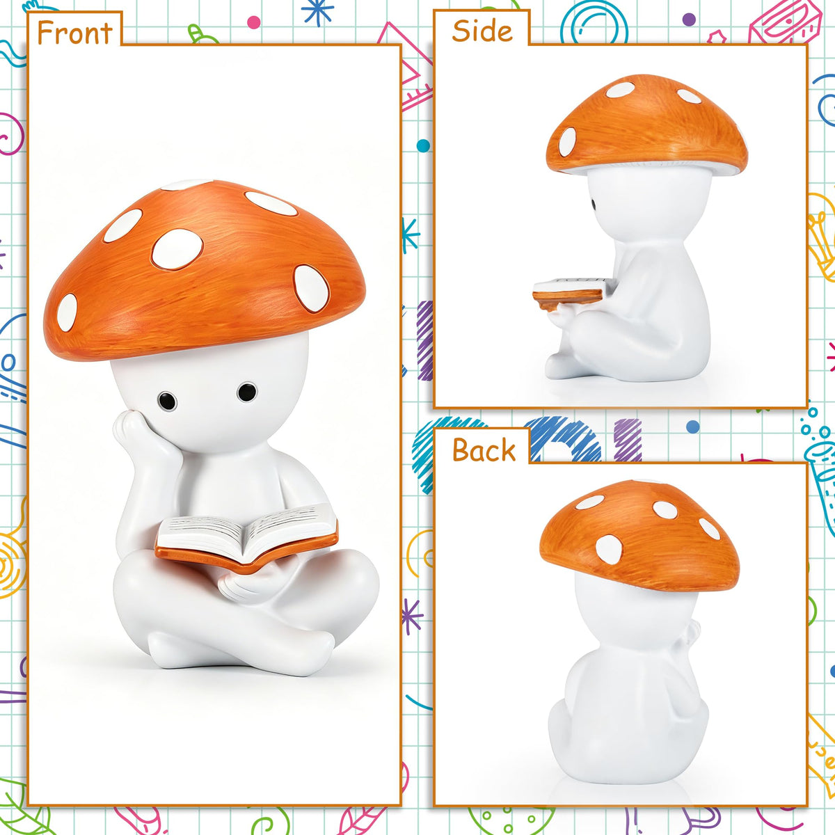 zimiliz Mushroom Thinker Statue for Bookshelf Decor,Mushroom Figurines for Office Desk Shelf Home Living Room Table Book Decorations Aesthetic,Whimsical Decor Gifts for Book Lovers (White)