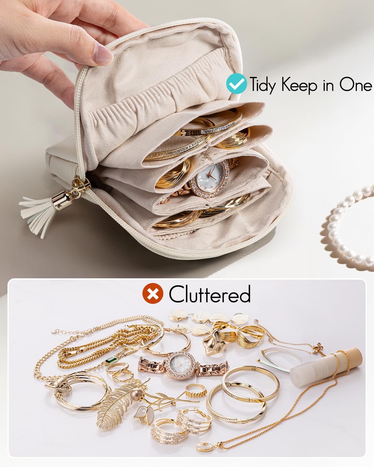 VLANDO Small Travel Jewelry Case,Mothers Day Gifts,Jewelry Pouch Bags with Zipper,Velvet Jewelry Organizer Storage Bag for Bracelet Rings Earring-Cream White