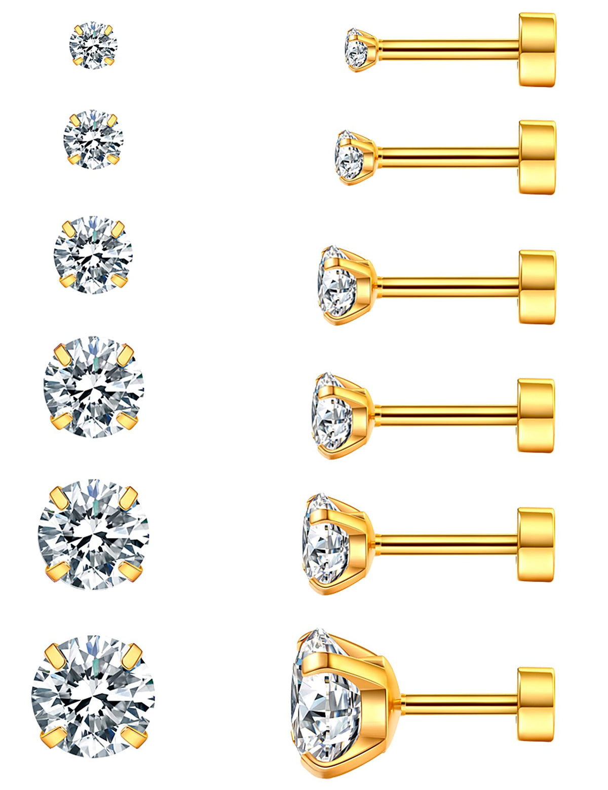 6 Pairs Hypoallergenic Cubic Zirconia Earrings Surgical Steel Flat Back Studs for Cartilage, Screw Back Fashion Jewelry