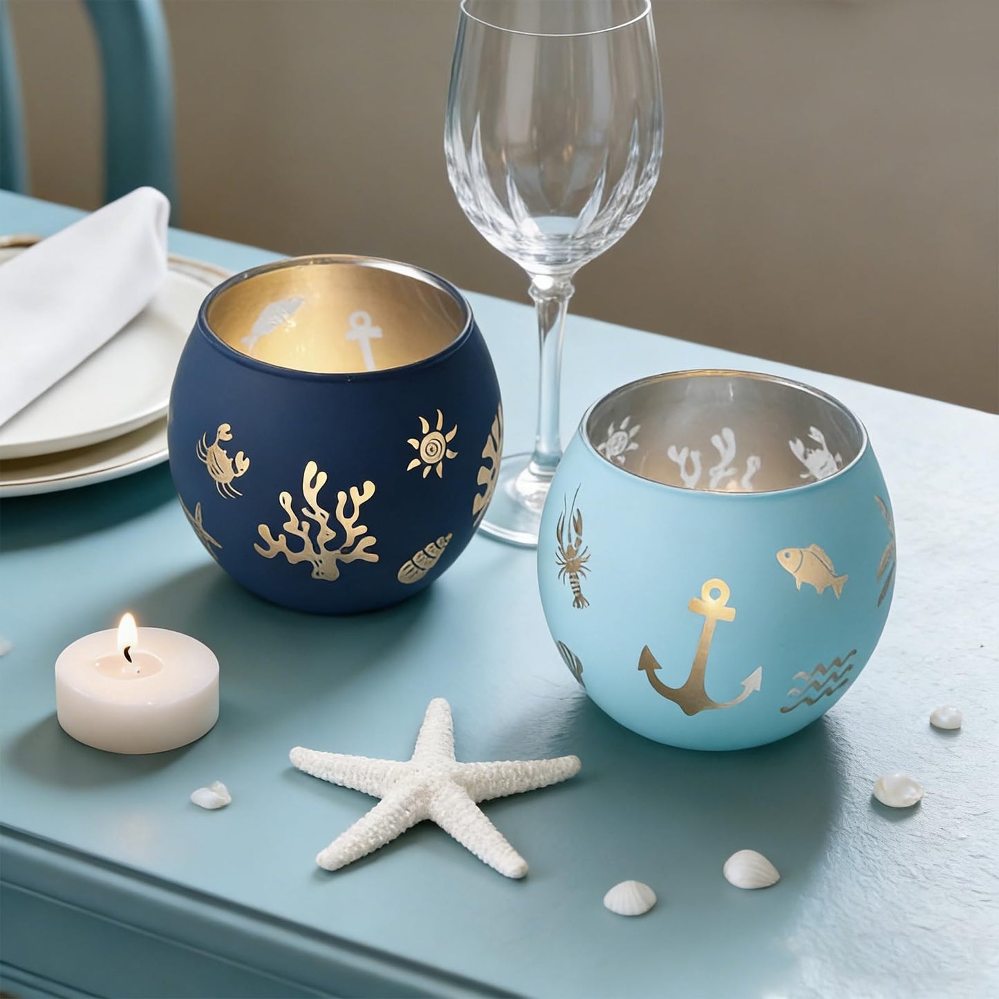 Coastal Ocean Glass Votive Candle Holders Set of 4, Laser Etched Nautical Tealight Holders with Anchor, Palm Tree & Sea Life Patterns, Summer Blue Glass Centerpiece for Home Spa Party Gift