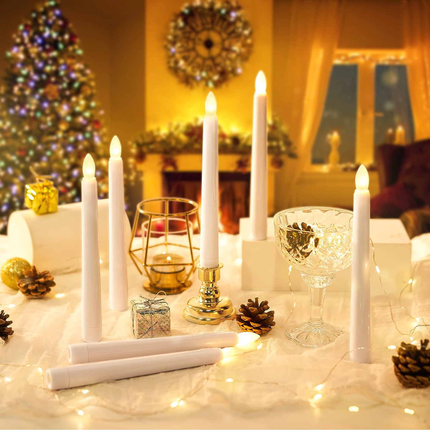 Daord LED Flameless Flickering Taper Candles with Remote & Timer Warm Light Battery Operated Christmas Window Candle for Wedding Party Holiday Home Table Decoration (9 Packs,White+Gold Holder(A))…