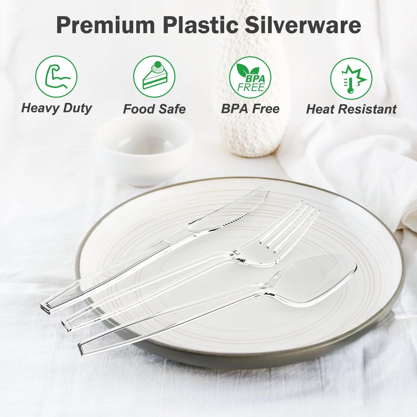 Dealusy 360 Count Extra Heavy Duty Clear Plastic Forks and Spoons, 180 Forks & 180 Spoons, Heat Resistant, Disposable Plastic Silverware Set
