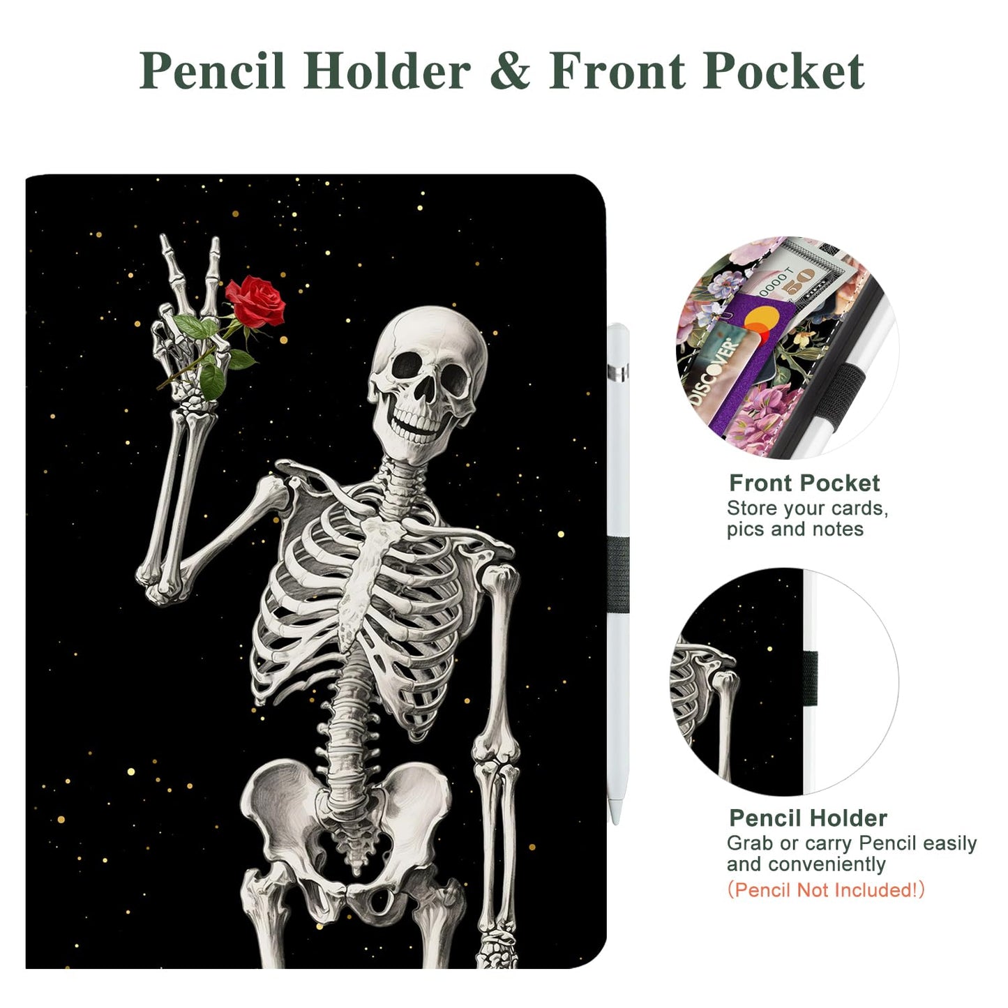 Vimorco for iPad 10th/ (A16) 11th Generation Case, Halloween for iPad Case 11th/10th Generation with Pencil Holder/Hand Strap/Pocket, Adjustable Angle, Fit iPad A16 Cover 11th/10th Gen, Skull Rose