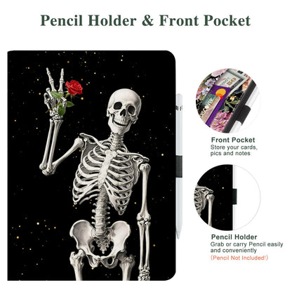 Vimorco for iPad 10th/ (A16) 11th Generation Case, Halloween for iPad Case 11th/10th Generation with Pencil Holder/Hand Strap/Pocket, Adjustable Angle, Fit iPad A16 Cover 11th/10th Gen, Skull Rose