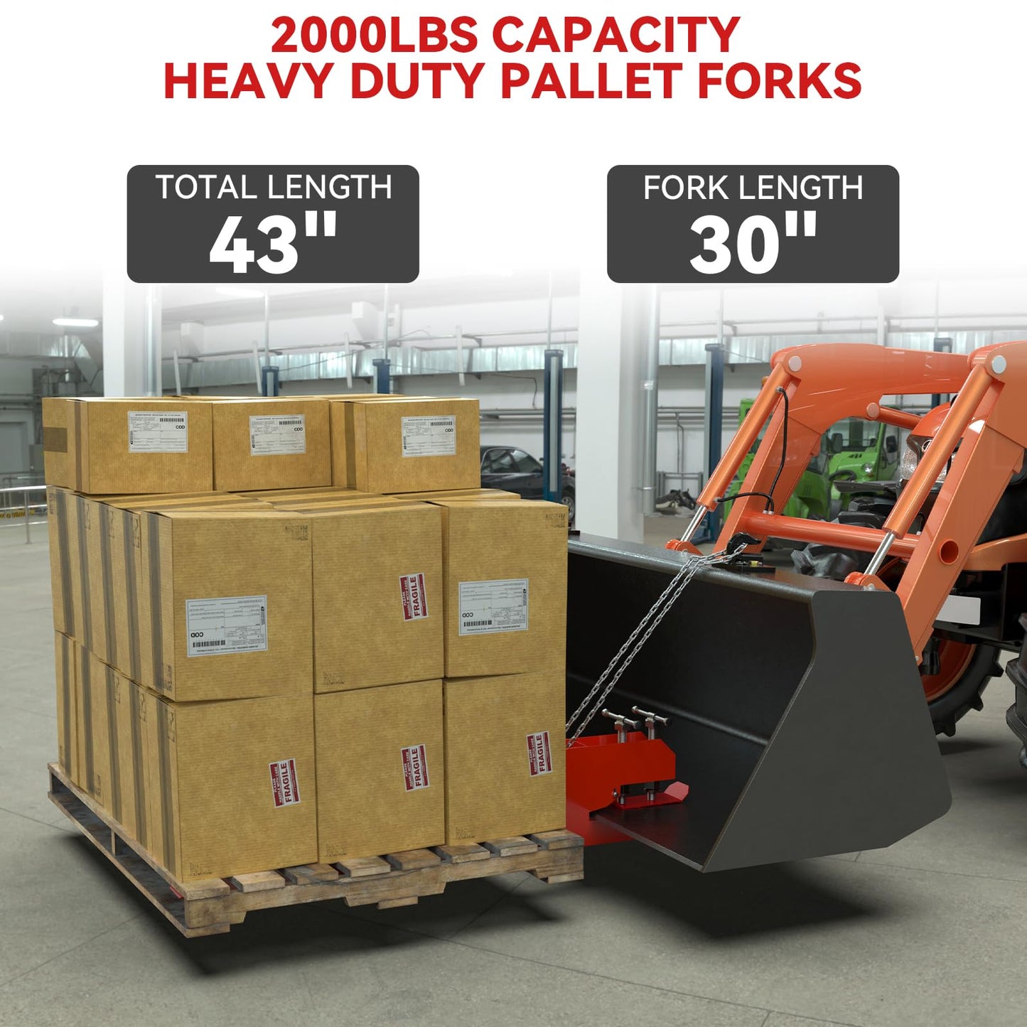 Upgraded 43" Tractor Bucket Forks,Clamp on Pallet Forks with Anti-Slip Tongue 2000LBS,Twin Screw Design,Adjustable Stabilizer Bar,Heavy Duty Skid Steer Pallet Forks for Tractor Bucket Loader, Red