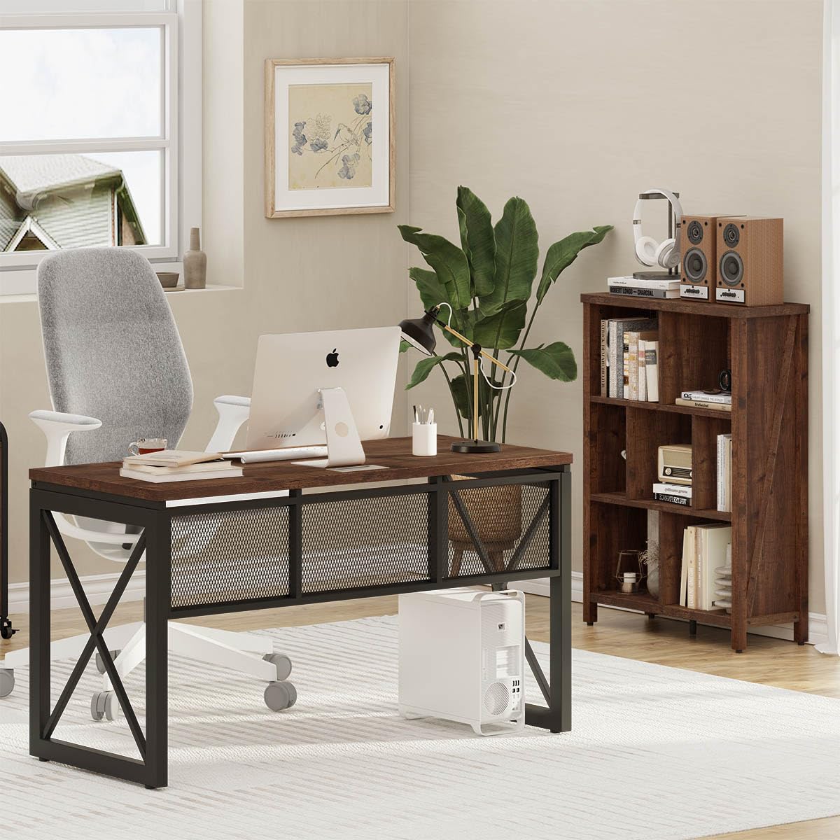 BON AUGURE Farmhouse Computer Desk, Modern Industrial Home Office Desks, Wood Metal Study Writing Table, Sturdy Gaming Desk (Rustic Oak, 54 Inch)