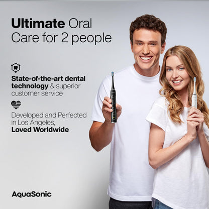 Aquasonic Duo PRO Ultra Whitening 40,000 VPM Electric Smart ToothBrushes ADA Accepted - 4 Modes with Smart Timers - UV Sanitizing & Wireless Charging Base - 10 Proflex Brush Heads & 2 Travel Cases