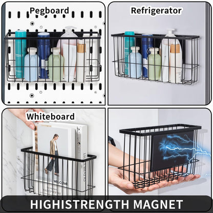 Lemecima 2 Pack Magnetic Basket Organizer Shelf Rack for Refrigerator Peg Board Office File Foil Plastic Food Wrap Spice Pegboard Holder