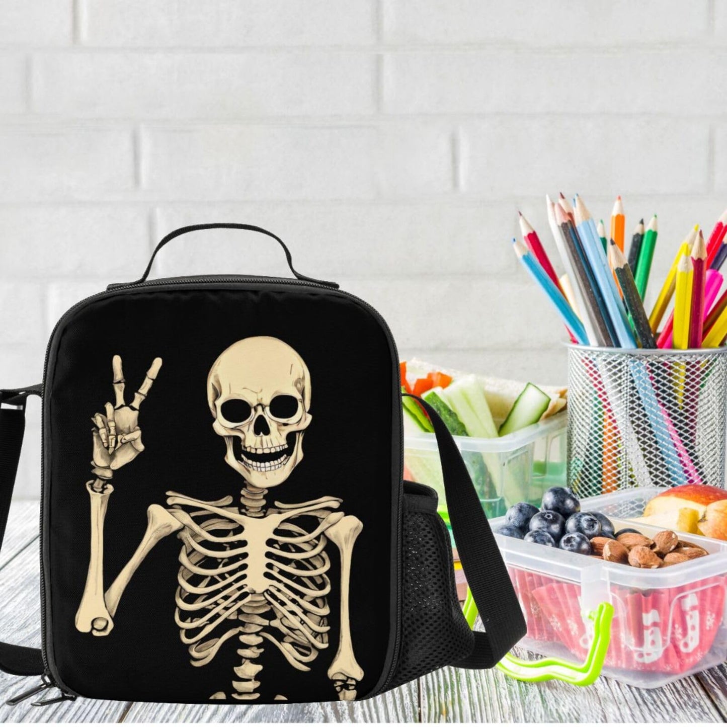 PrelerDIY Funny Skull Lunch Bag Tote Lunch Box Food Bag for Boys Girls with Zipper & Side Pocket & Shoulder Strap