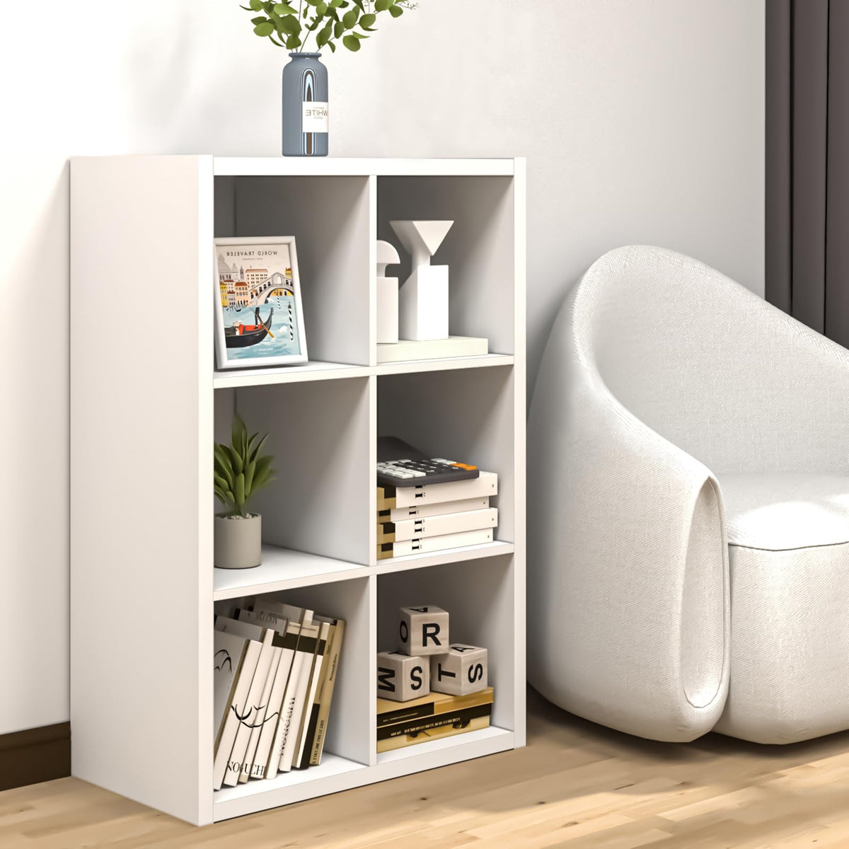 Endearing Limons【2026 Wooden Thick Border 6 Cube Shelf Storage Organizer with Anti-Tipping Kits + Reversible Open Back Bookcase (11 * 11 Unit Cell White)