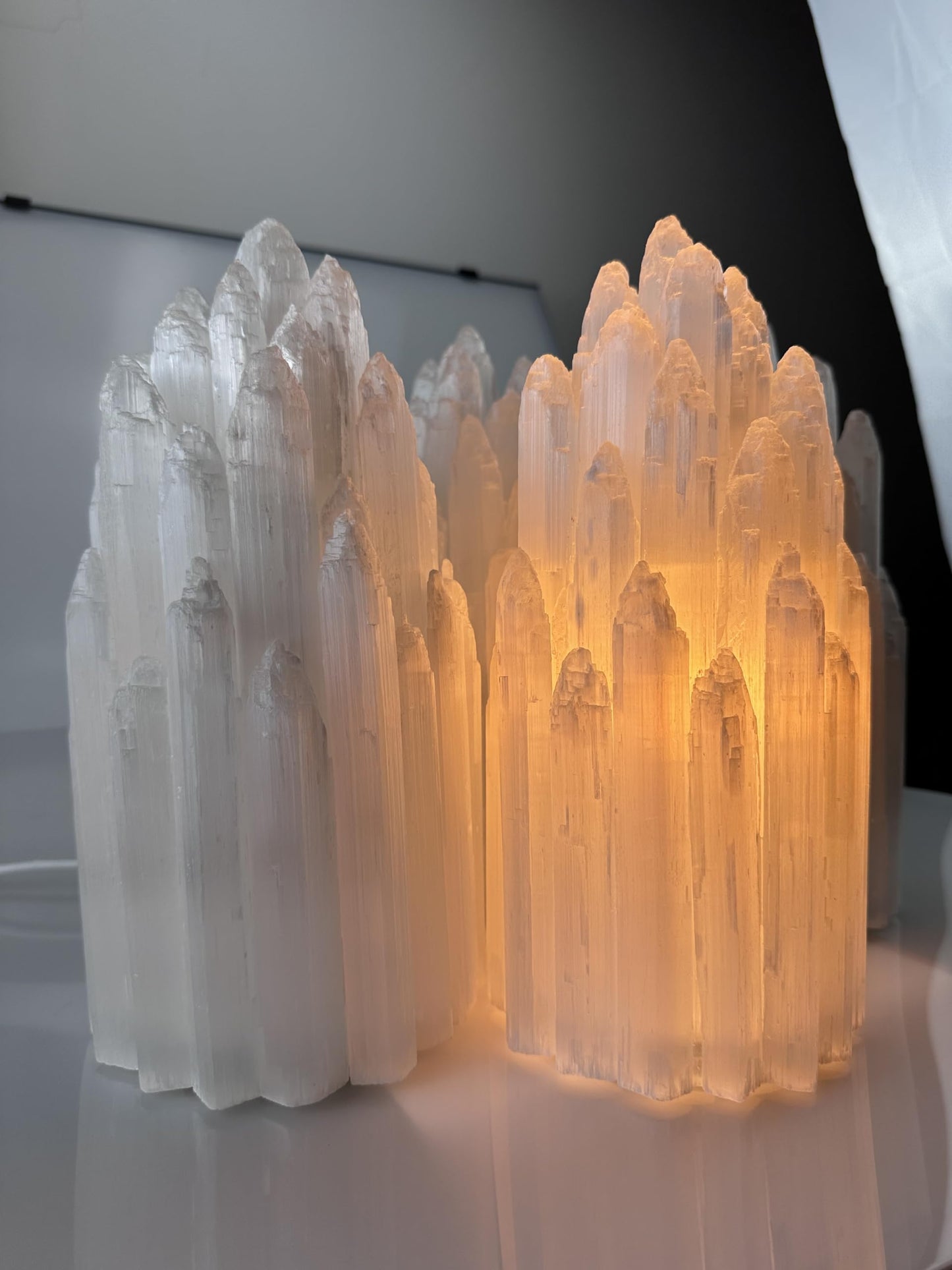 Handcrafted Selenite Lamp Carved Tower, White
