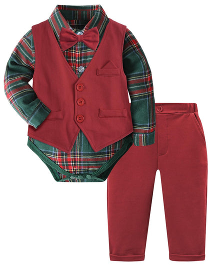 A&J DESIGN Baby Christmas Outfit Boy Infant Buffalo Plaid Flannel Tartan Wedding Formal Easter Dress Suit Green and Red 9-12 Months