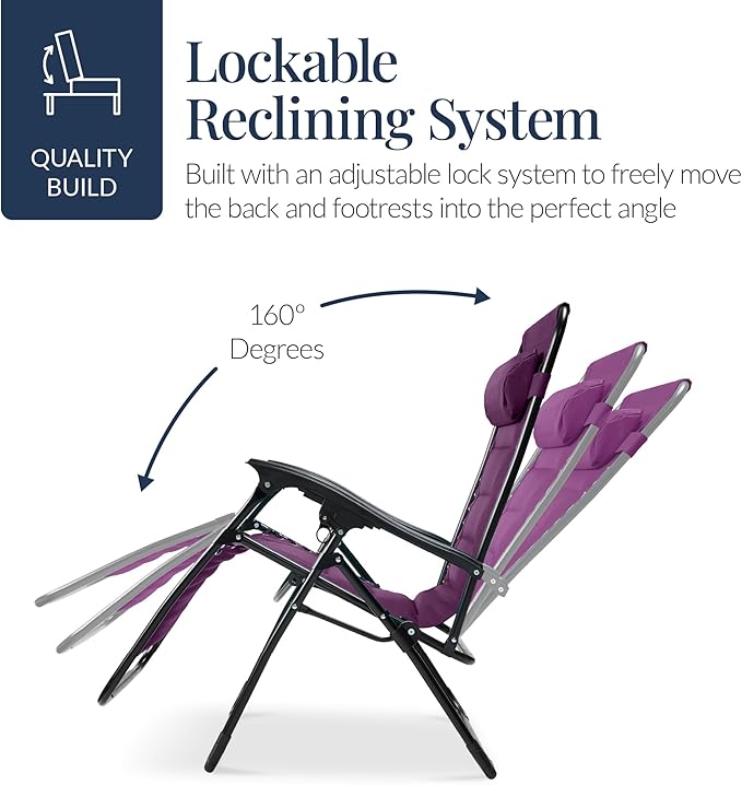 Best Choice Products Oversized Padded Zero Gravity Chair, Folding Outdoor Patio Recliner, XL Anti Gravity Lounger for Backyard w/Headrest, Cup Holder, Side Tray, Polyester Mesh - Amethyst Purple
