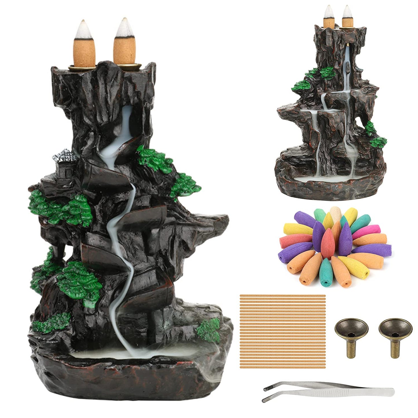 Jueison Dual Sided Mountain Backflow Incense Burner Resin Waterfall Incense Holders Cone Stick Holder with 120 Incense Cones + 30 Incense Sticks + 1 Mat + 1 Tweezers for Home Office Decor Gift