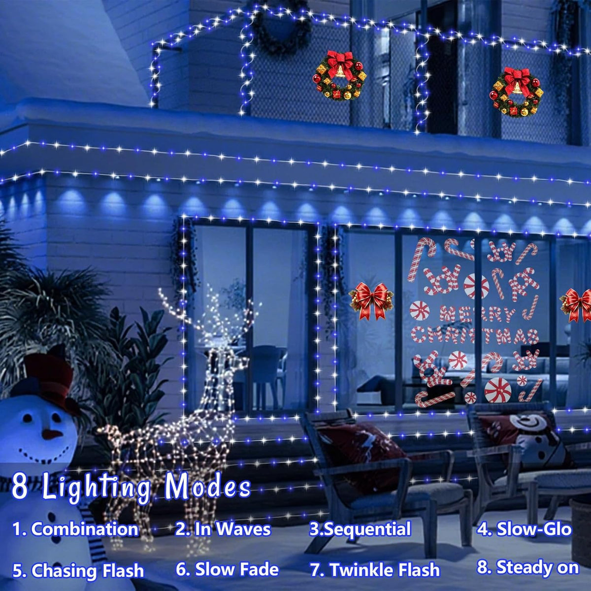 QITONG Blue and White Solar Rope Lights Outdoor, 2 Pack Each 33ft 100 LED String Light, Fairy Lights in Clear Thin Tube with 8 Modes