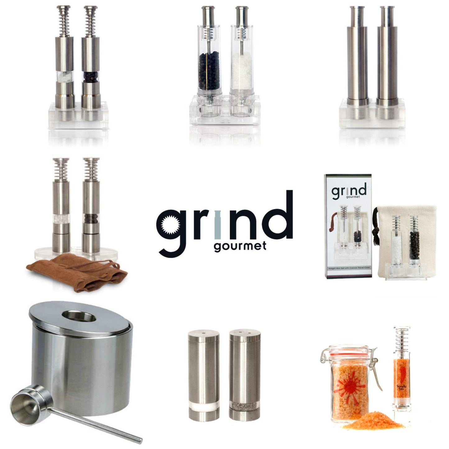 Grind Gourmet Salt and Pepper Grinder Set, Refillable, Pump & Grind, Thumb Press (Reflex Black Set)
