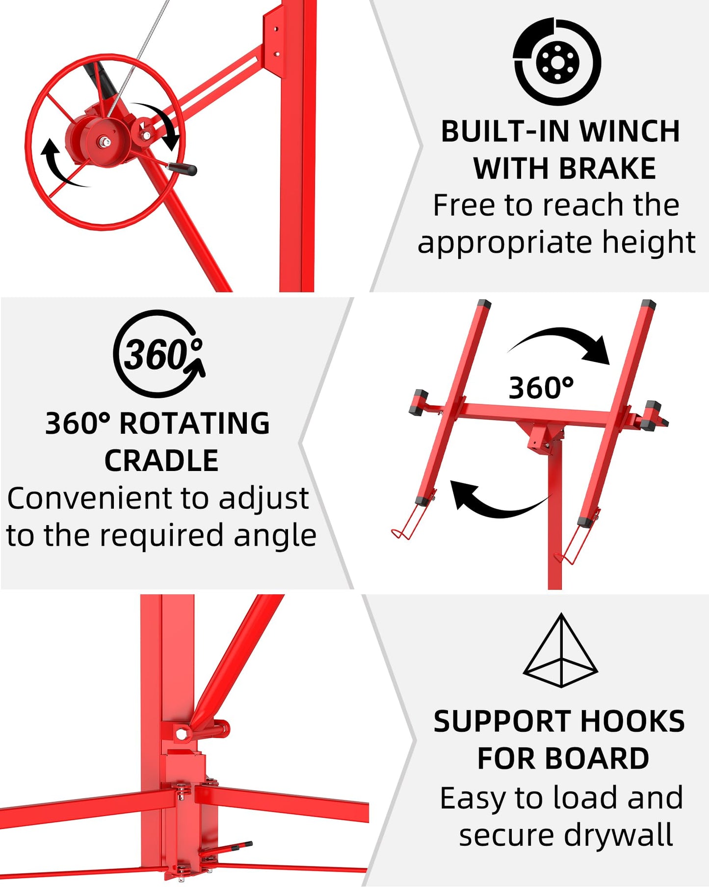Drywall Lift 16 ft, Heavy-Duty 150 Lbs Drywall Rolling Lifter Panel, Sheetrock Hoist Lift Drywall Jack Lift for Ceiling, Drywall Panel Hoist with 360°Adjustable Telescopic Arm &3 Lockable Wheels, Red