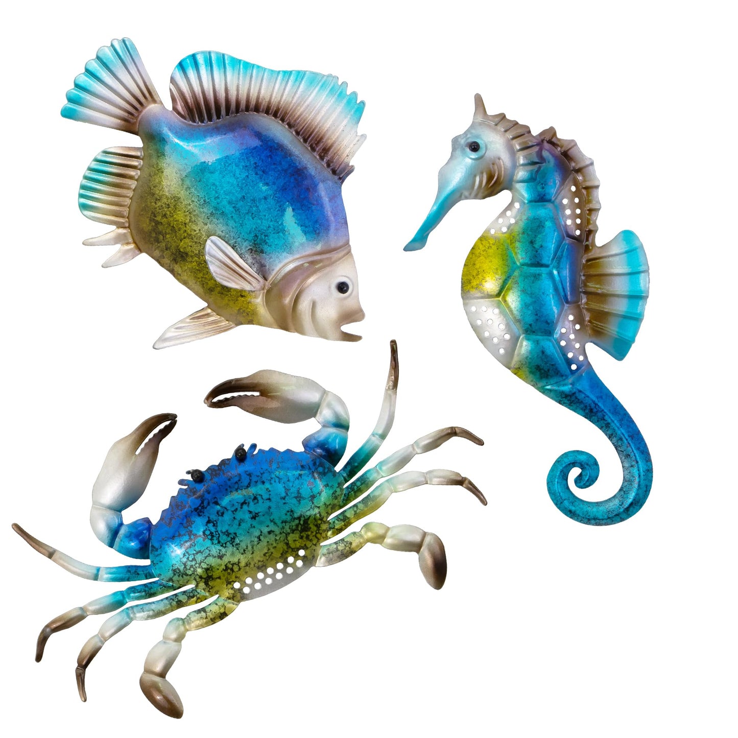 YNGFIL Metal Fish Seahorse Crab Beach Theme Wall Art, 10 Inch Set of 3 - Suitable for Outdoor Patio, Garden, Balcony, Pool and Indoor Bathrooms, Coastal Rooms