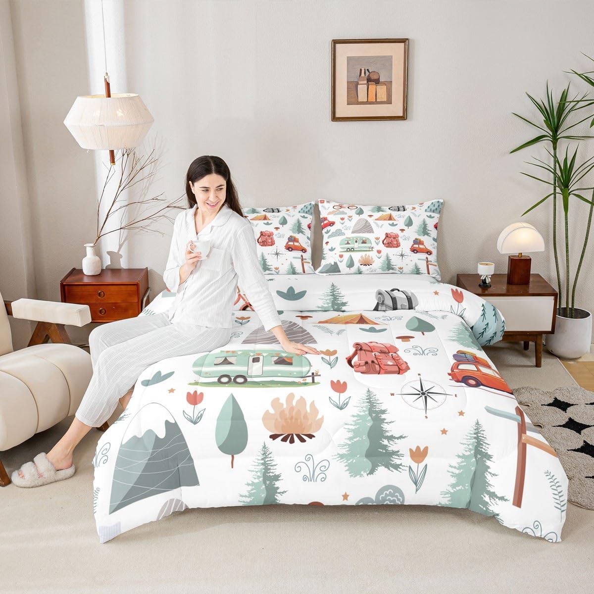 Kids Camper Theme Comforter Set Full 3Pcs, Happy Camping Bedding for Toddler, Travel Car Rv Accessories Down Comforter, Botanical Flowers Mountain Adventure Quilt, Cute Camper Duvet Set Room Decor