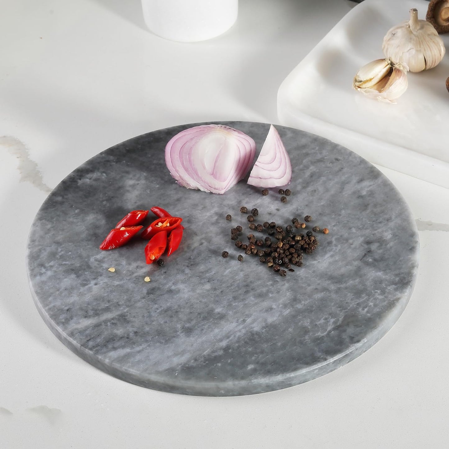 Koville Brazilian Natural Marble Cutting Board for Kitchen, 11inch Round Hand Crafted Marble Slab for Cheese, Charcuterie, Pastry Board - Wedding Gift, House Warming Gift(Rhino Grey)
