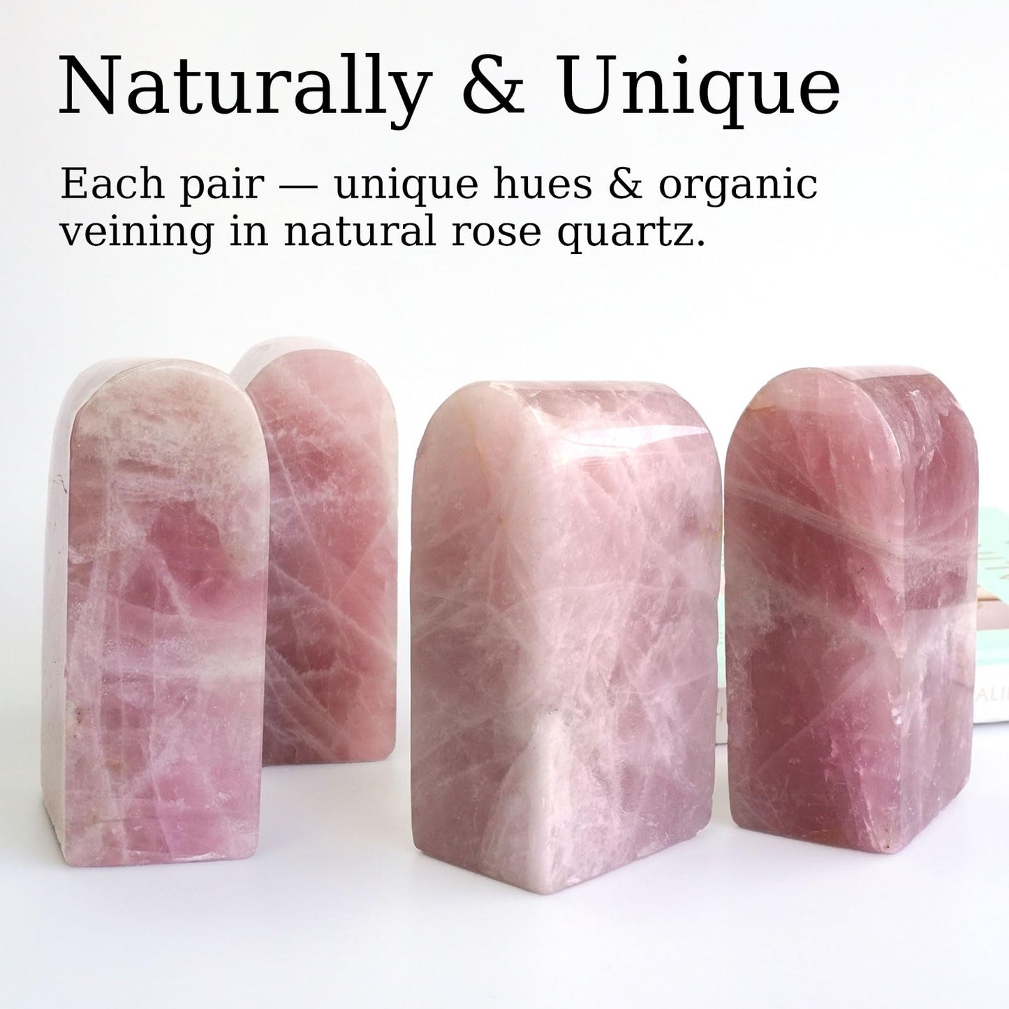 Sisamn Natural Rose Quartz Bookends 3.5-4 lbs Pink Crystal Stone Decorative Bookends with Non-Slip Bumpers for Home and Office Decor