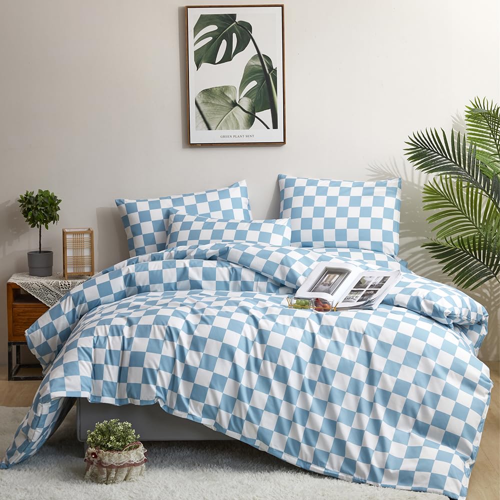 CLOTHKNOW Blue White Plaid Queen Duvet Cover Set 3Pcs Grid Bedding Sets Checkerboard Comforter Cover Sets with 2 x Pillowcases