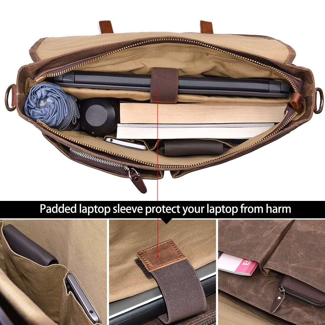 NEWHEY Mens Laptop Shoulder Canvas Messenger Bag Waterproof Computer Briefcase Notebook Vintage Satchel Designer School Work Bags Brown 15.6 Leather