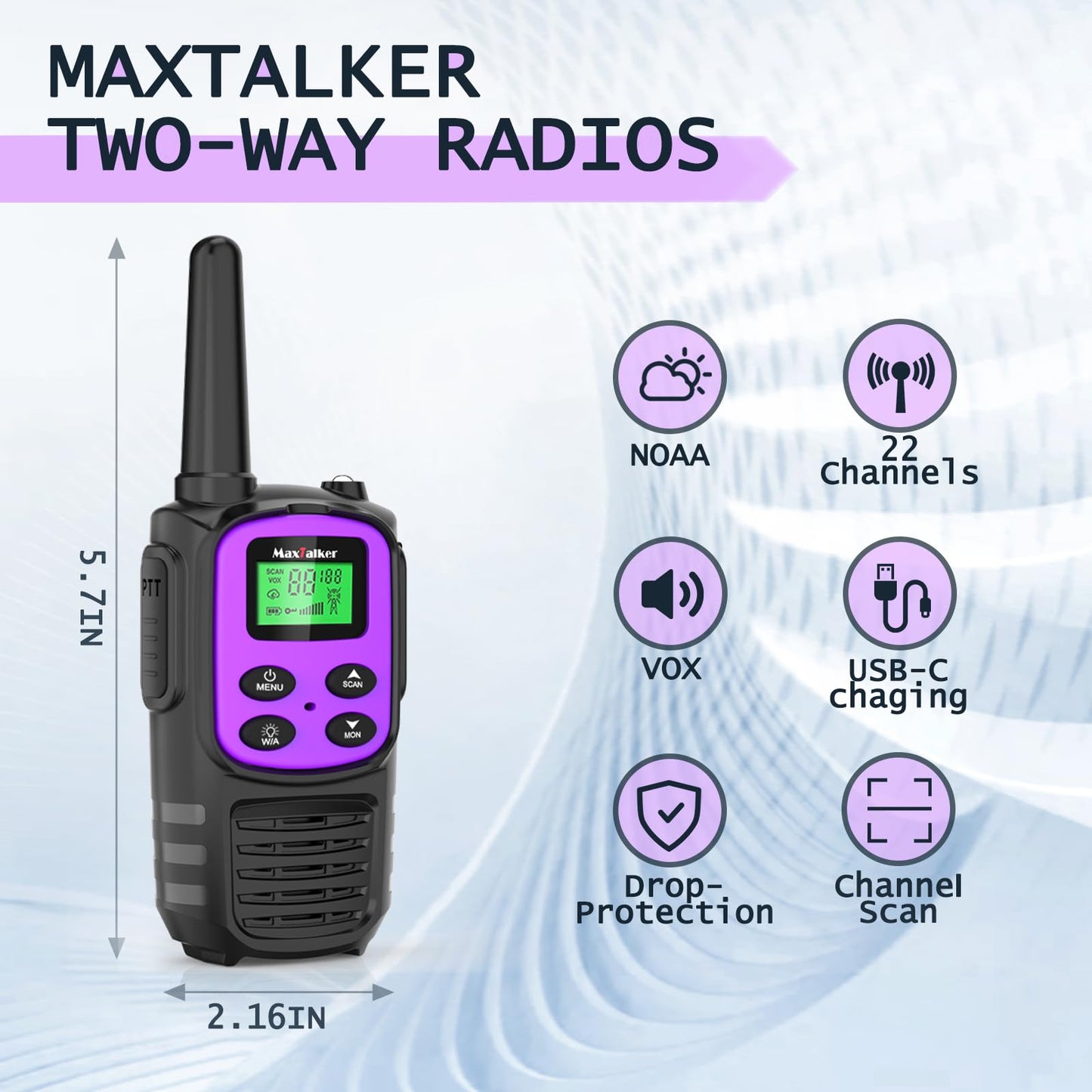 Walkie Talkies Long Range for Adult, MT10 Rechargeable Walkie Talkies FRS Two Way Radio, NOAA, 1200mAh Li-ion Battery USB-C Cable, LED Flashlight, VOX Walkie Talkie for Hiking Camping 2Pack