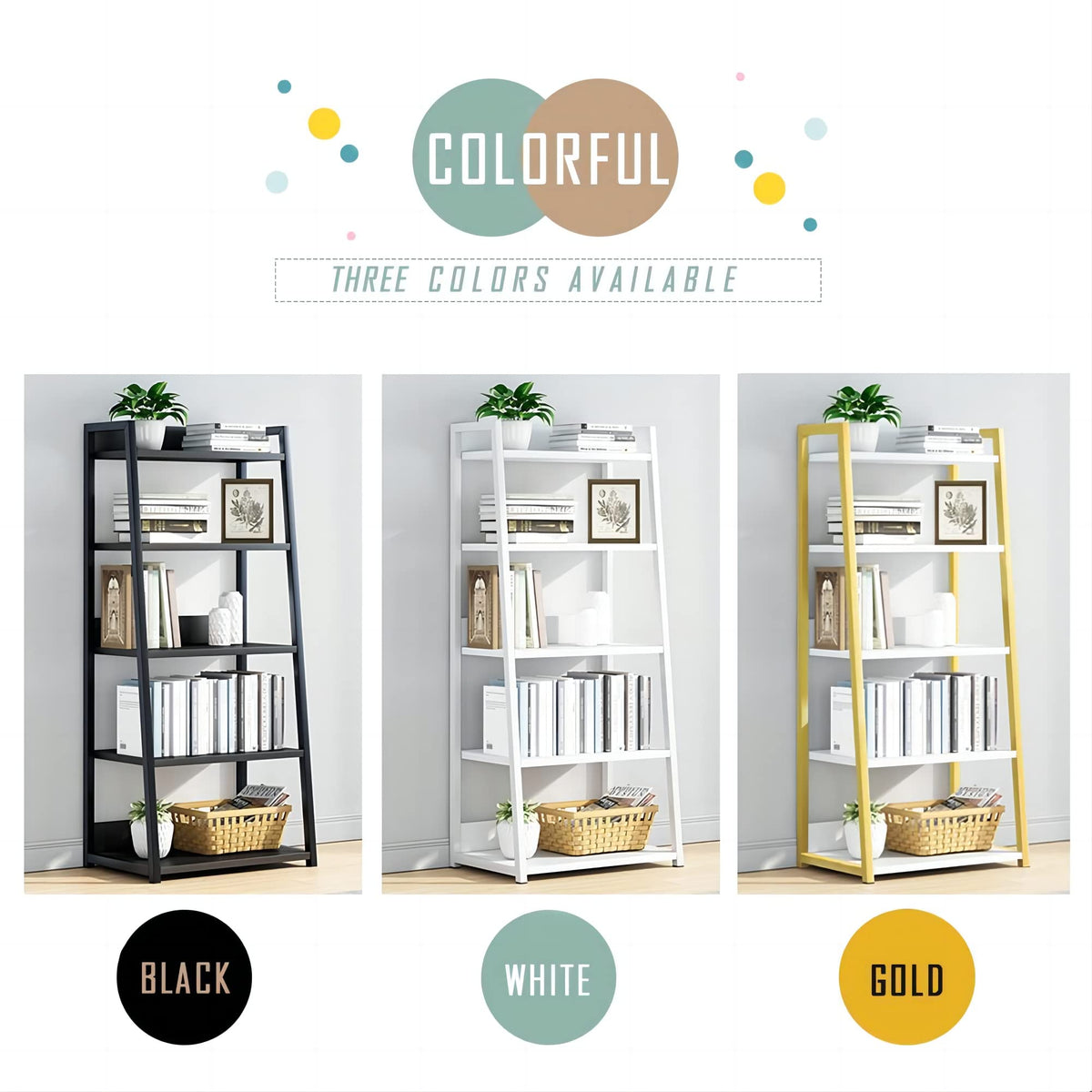 IOTXY 5 Tier Open Bookshelf - Steel and Wood Display Stand, 19.7" Width Floor-Standing Bookcase, White