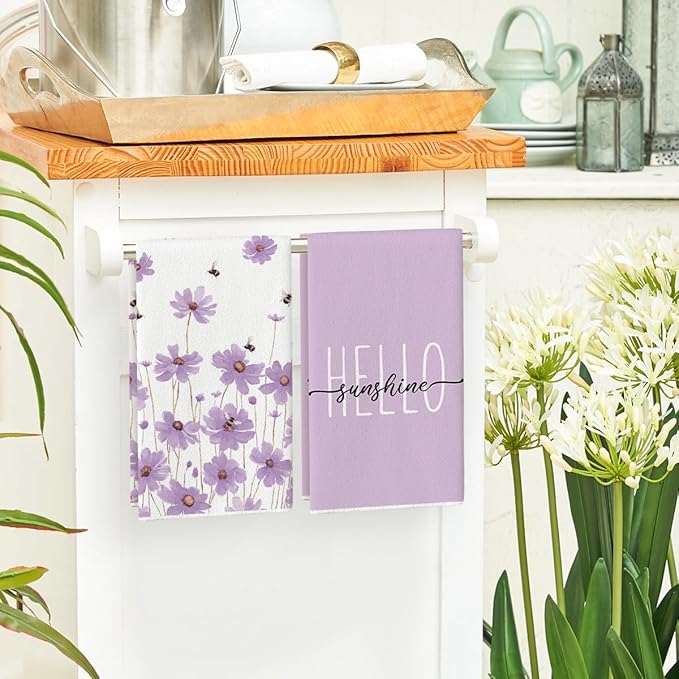 Artoid Mode Purple Flowers Bee Hello Sunshine Summer Kitchen Towels Dish Towels