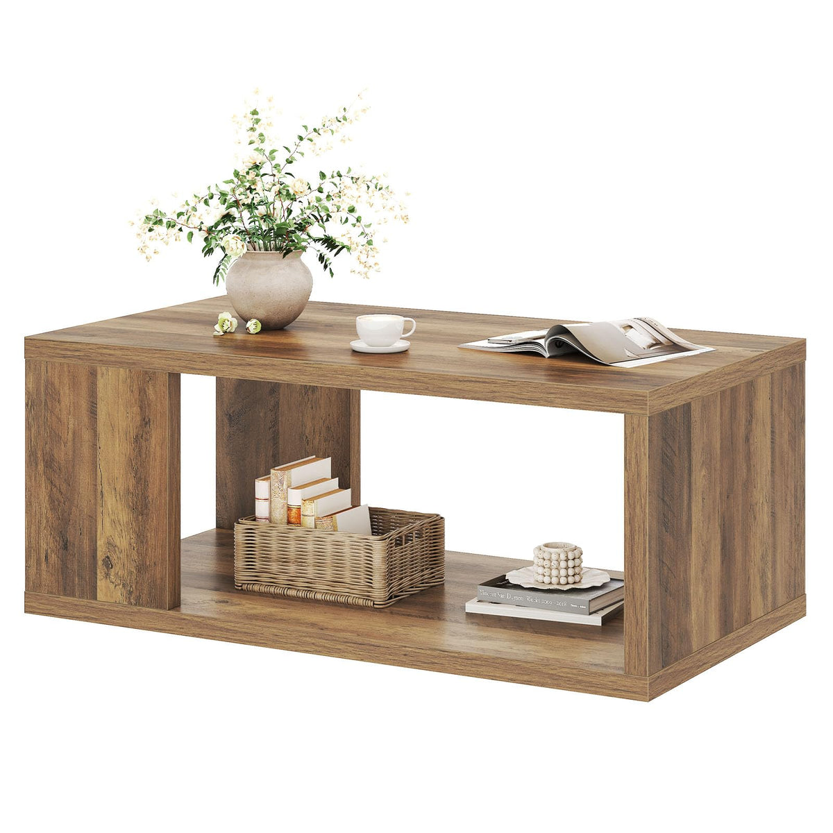 LVB Rustic Coffee Table with Storage, Modern Wood Coffee Tables for Living Room, Farmhouse Large Wooden Rectangle Center Table, Unique Wide Low Tea Table for Small Home Office, 39 inch, Rustic Oak