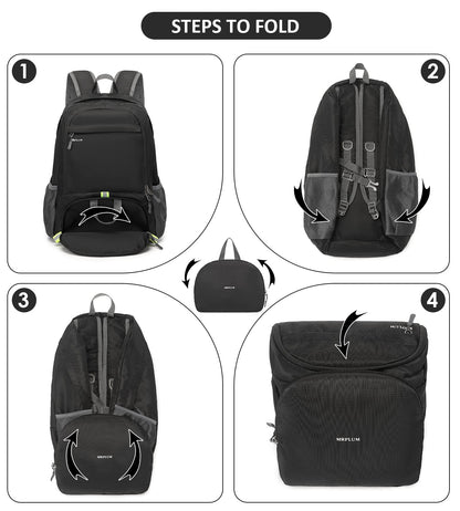 MRPLUM 30L Rucksack Foldable Ultralight Packable Backpack,Unisex Durable Handy Daypack for Travel & Outdoor Sports Durable&Waterproof (Black)