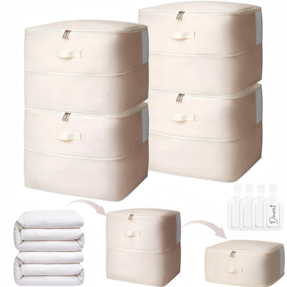 4 Pack Comforter Storage Bag, 68L Blanket Storage Bags Self Compression Comforter Organizer and Storages, Space Saving Washable Compression Bags for Blanket Bedding Pillow Duvet Quilt, Beige