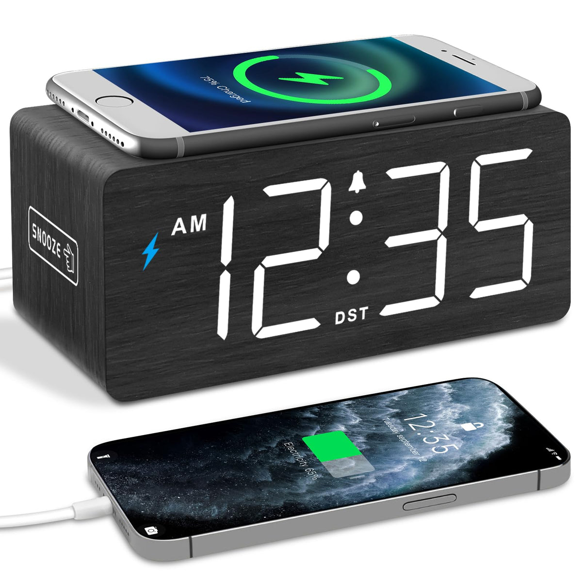 DreamSky Wooden Digital Alarm Clock with Wireless Charging for Bedroom, Bedside Nightstand Clock with Charger Station, USB Port, Large Numbers, Adjustable Volume, Brightness Dimmer, DST