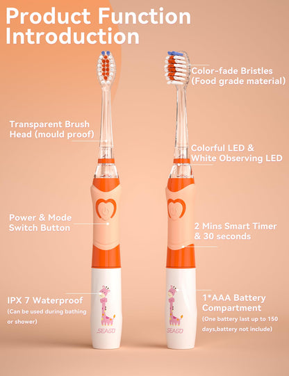 SEAGO Kids Electric Toothbrush with 2 Mins Brushing Timer and 4 Replacement Bursh Heads, Rainbow LED Light Make Brushing Fun, Boys Battery Powerd Toothbrush for 4-12 Years Old，SG-977 (Light Blue)