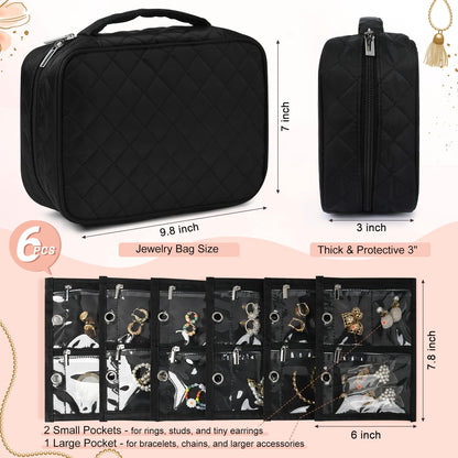CEELGON Travel Jewelry Case Organizer and Storage Quilted Jewelry Pouch Box for Traveling Ring Necklace Earring Holder with Velvet Jewelry Binder Mini Portable Jewelry Bag (Black)