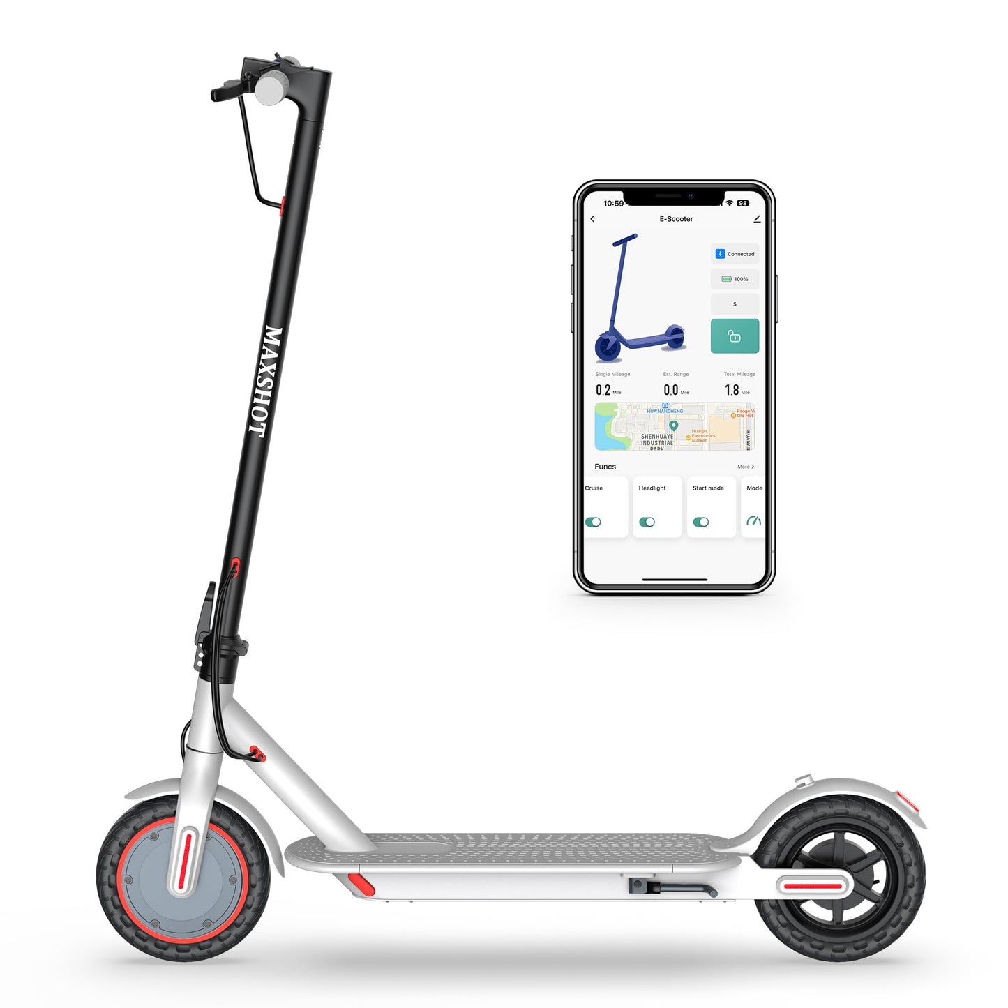 MAXSHOT Electric Scooter for Adults, 8.5" Solid Tires, 350W Motor, 19 MPH, 21 Miles Range, White Folding E-Scooter with App & Dual Brakes