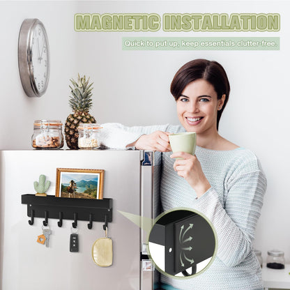 VIS'V Magnetic Key Holder Wall Mount, Compact Metal Key Rack with Tray, 6 Hooks, 2 Mount Options, Black