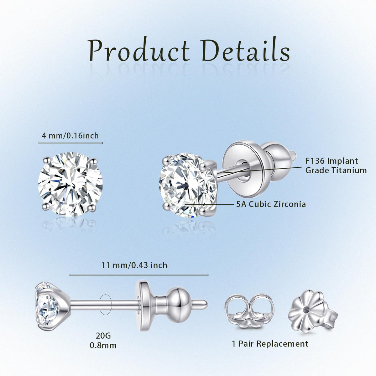 Limerencia G23 Pure Titanium Earrings F136 Implant Grade Titanium Studs 20G Hypoallergenic Round Cubic Zirconia/Princess-Cut/Square/Ball Earrings for Women Men Sensitive Ears(4mm Cubic Zirconia)